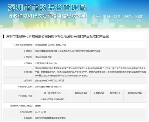 深圳市捷敏凈化科技產品標準不符與違規經營演出經紀業務案剖析